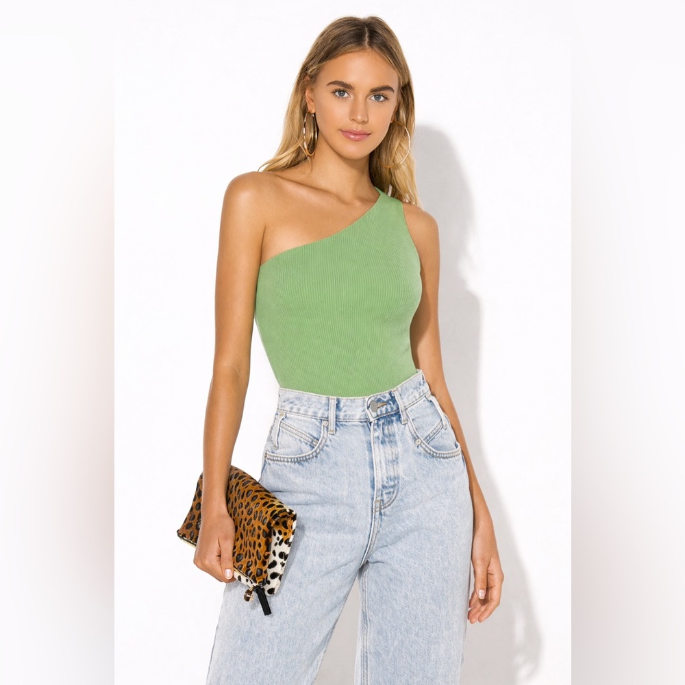 One-Shoulder Ribbed Knit Body Suit - Mint Green